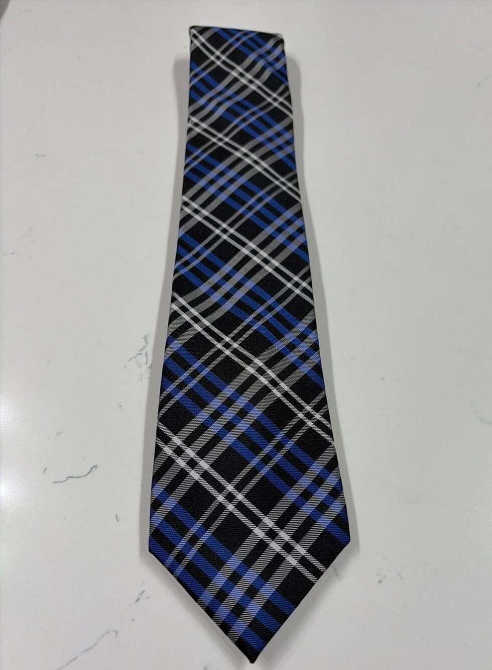 Chaps 100% Silk Plaid Necktie Black Blue White 3.25" Width